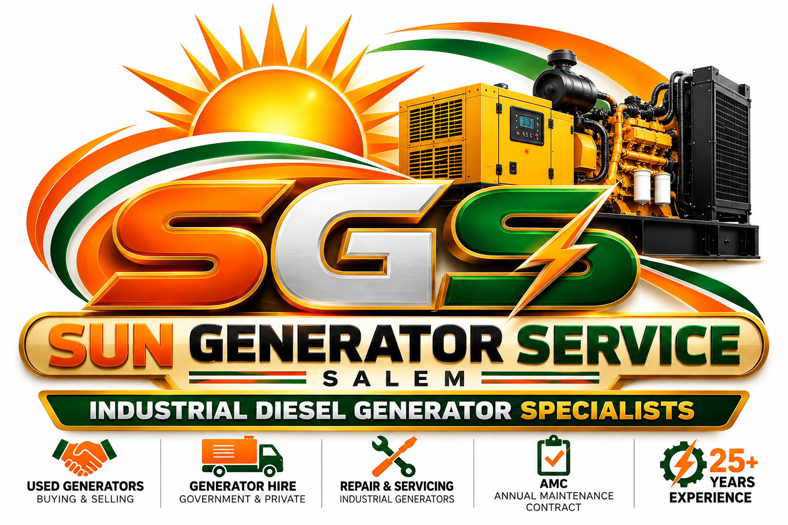 SGS Sun Generator Service Salem logo with industrial diesel generator and service offerings